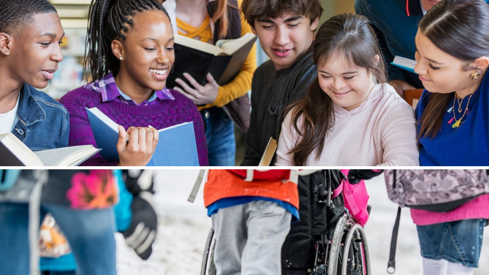 Images of children reading and in wheelchairs